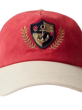 Free people Red and Cream Baseball Cap with Embroidered Anchor Crest